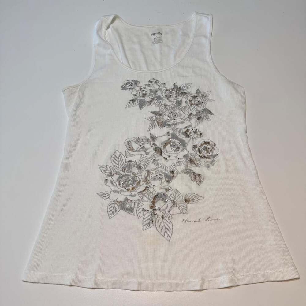 Express Vintage Y2K Whimsigoth Grunge Alternative Floral Embellished Tank Top